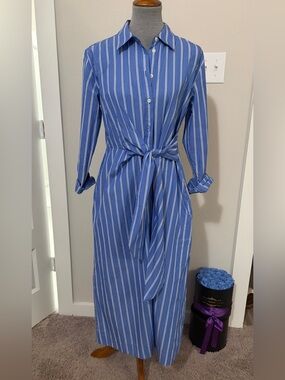 Universal Thread Blue & White Striped Long Sleeve Tie-Waist Shirt Dress